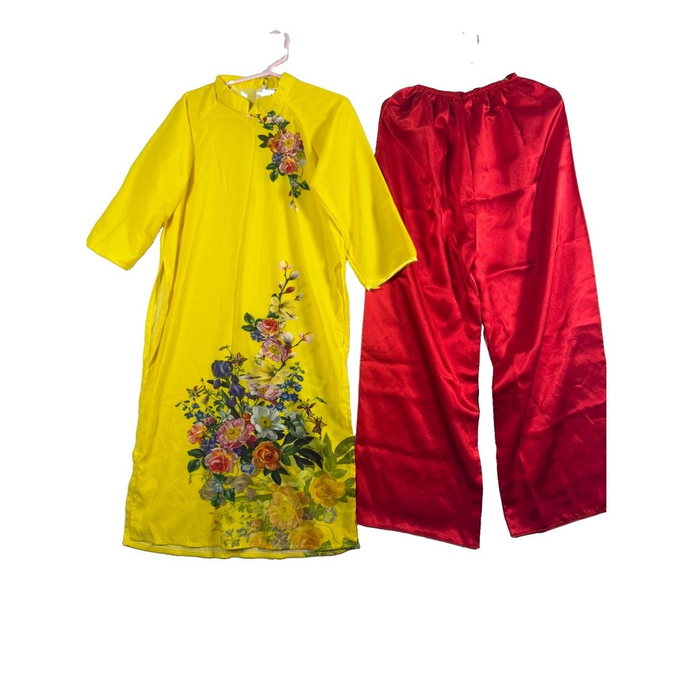 Girls Size 9 Vietnamese Ao Dai Yellow Floral Red Pants Lunar New Year Tet
